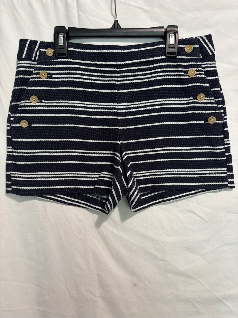 Banana Republic Navy and White Striped High-Waist Shorts with Gold Buttons